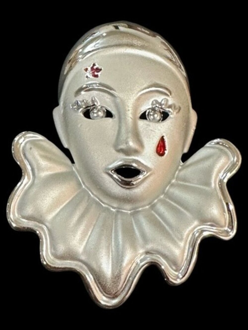 Vintage Silver Tone Harlequin Pin Brooch With Rhinestone Accents & Red Tear Drop